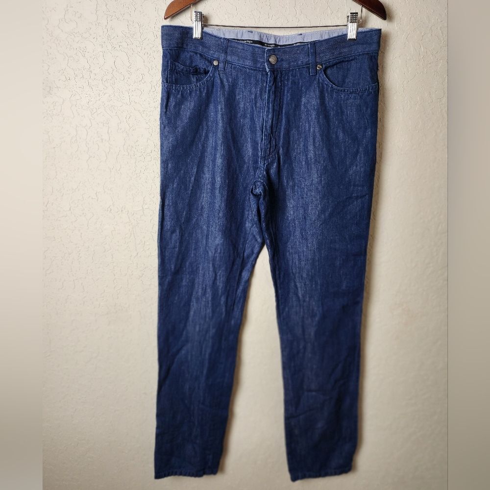Ermenegildo Zegna Roccia Straight Leg Linen Blend Pantalone Pants Blue Size 36